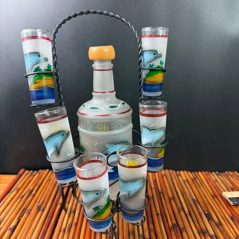 Dolphin Hand painted Decanter Set Rack w 6 shot glasses Island Tequila Tiki Set